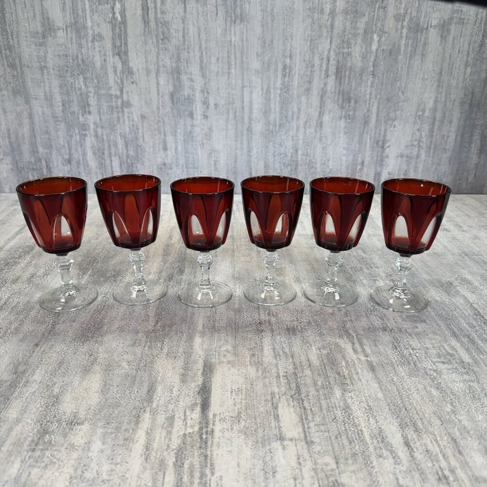 Six (6) Cristal d'Arques Durand Gothic Ruby Red Wine Cordial Glasses